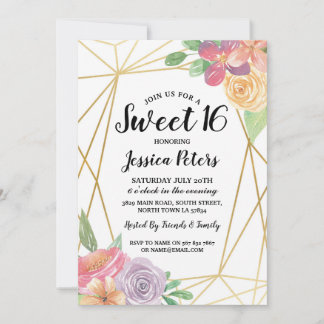 Sweet 16 Party Blumengoldrahmen Sommer Einladung