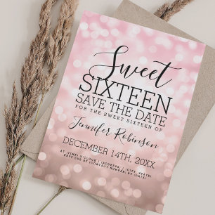 Sweet 16 Party Blush Pink Glitzer Lights Save The Date