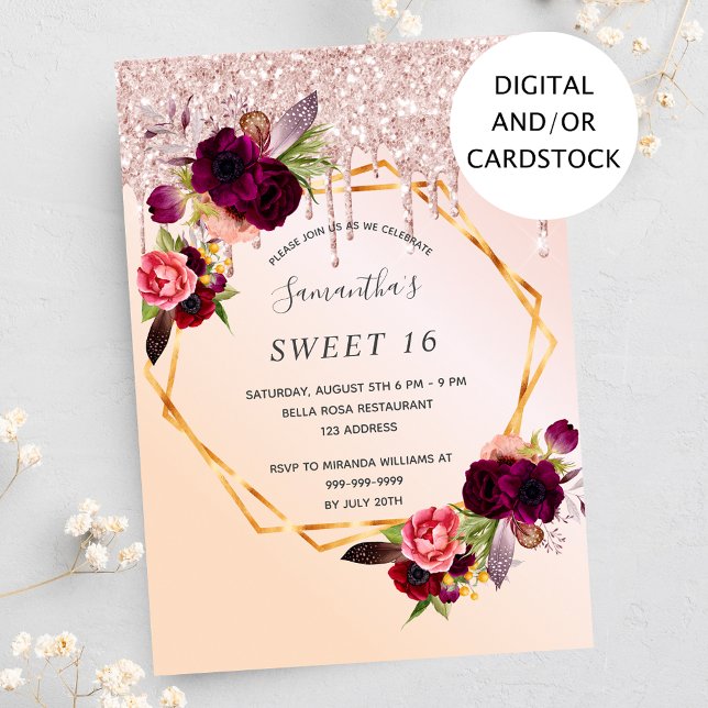 Sweet 16 Party bordeauxfarbene Florale Rose Gold G Einladung (Von Creator hochgeladen)