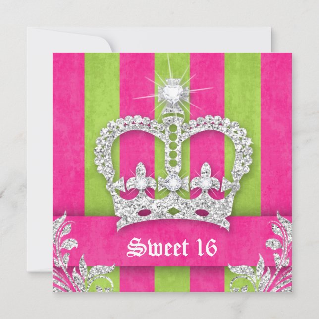 Sweet 16 Party Einladen Rosa Streifen Crown Tiara  Einladung (Vorderseite)
