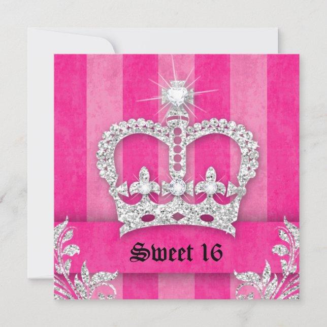 Sweet 16 Party Einladen Rosa Streifen Kronen Tiara Einladung (Vorderseite)