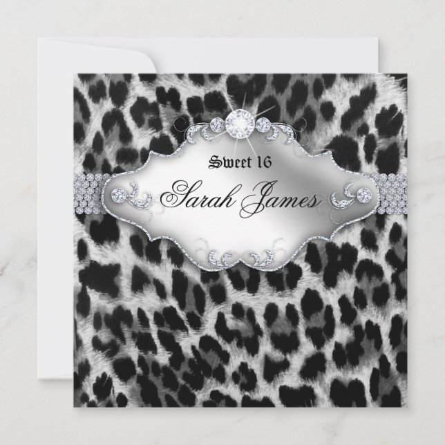 Sweet 16 Party Einladung Leopard White Black (Vorderseite)