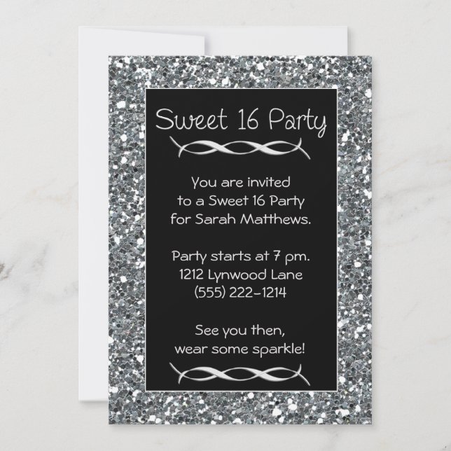 Sweet 16 Party Einladung Silver Sparkle Look (Vorderseite)