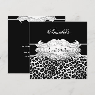 Sweet 16 Party Elegant Schwarz-weiß Leopard Einladung
