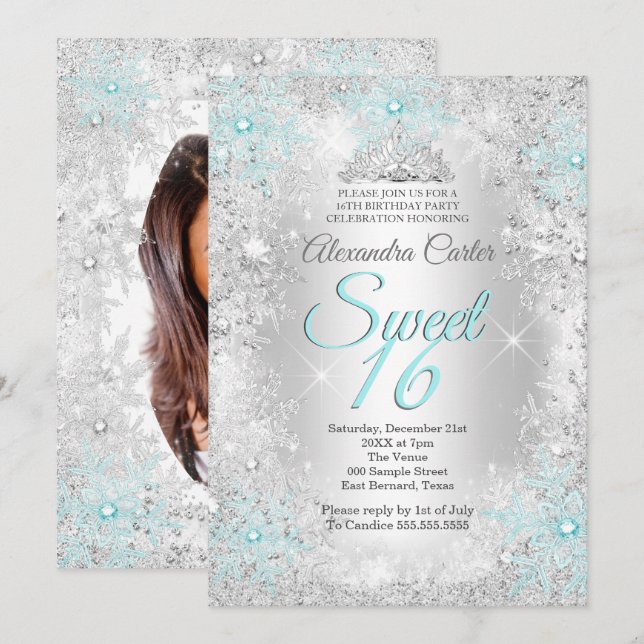 Sweet 16 Party Foto Silver Aquamarin blauer Schnee Einladung (Vorne/Hinten)