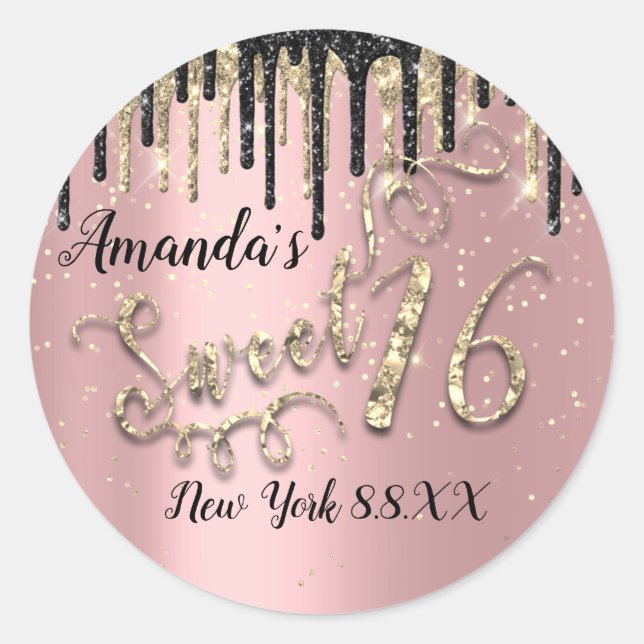 Sweet 16. Party Glitzer Gold Confetti Rose Black Runder Aufkleber (Vorderseite)