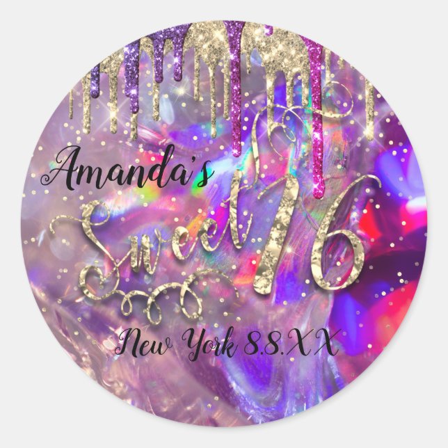 Sweet 16. Party Glitzer Holographic Gold Script Runder Aufkleber (Vorderseite)