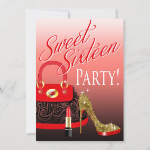 Sweet 16 Party Glitzer Stiletto Purse & Lipstick Einladung