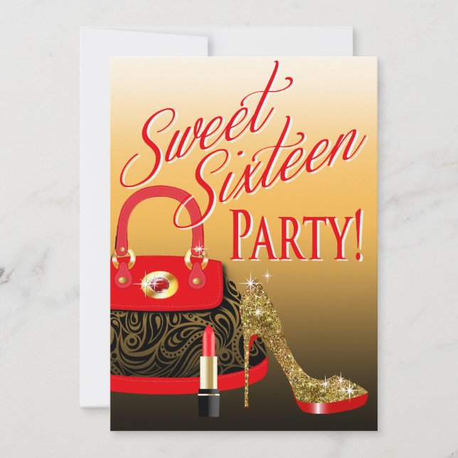 Sweet 16 Party Glitzer Stiletto Purse & Lipstick Einladung (Vorderseite)