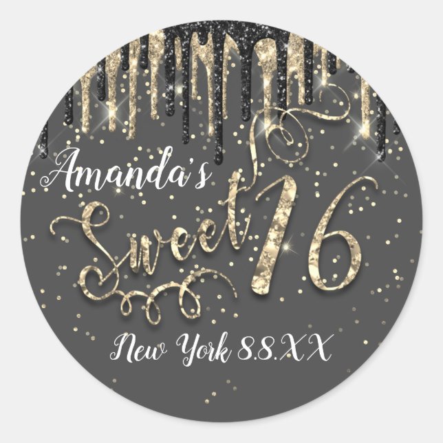 Sweet 16. Party Gold Confetti Tropfen Grau Black Runder Aufkleber (Vorderseite)