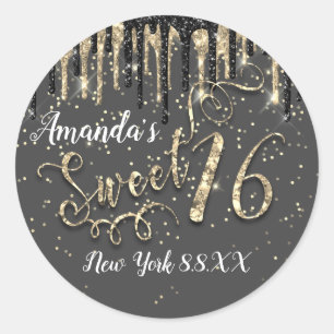 Sweet 16. Party Gold Confetti Tropfen Grau Schwarz Runder Aufkleber