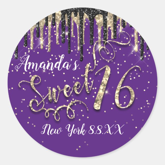 Sweet 16. Party Gold Confetti Tropfen Lila Runder Aufkleber (Vorderseite)