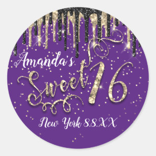 Sweet 16. Party Gold Confetti Tropfen Lila Runder Aufkleber