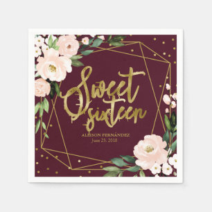 Sweet 16 Party Gold Foil Blush Bloral Burgund Serviette