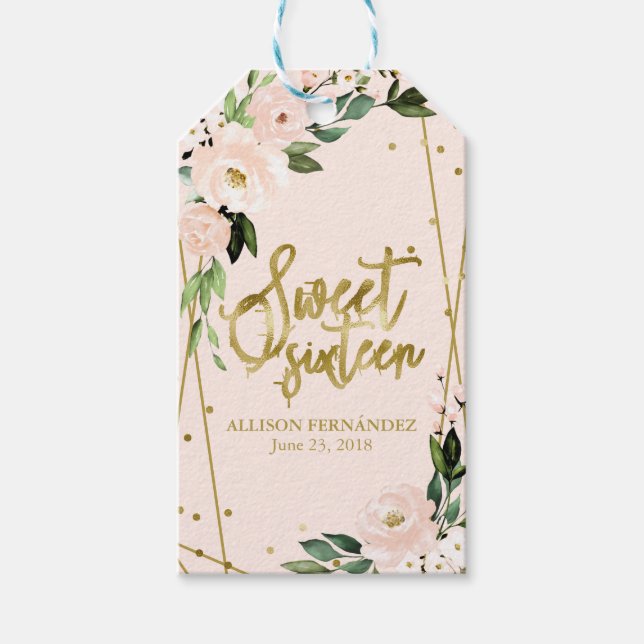 Sweet 16 Party Gold Foil Blush Pink Floral Geschenkanhänger (Vorderseite)