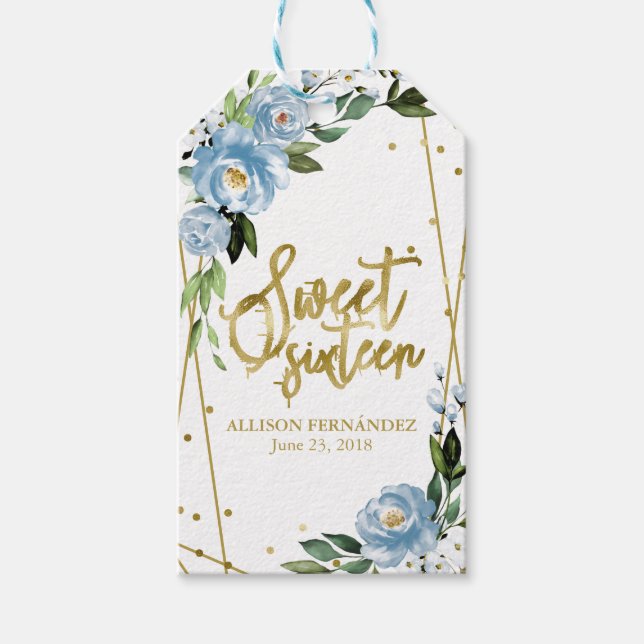 Sweet 16 Party Gold Foil Dusty Blue Floral Geschenkanhänger (Vorderseite)