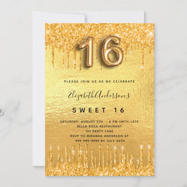 Sweet 16 Party Gold Glitzer Tropfen Glam Einladung (Vorderseite)