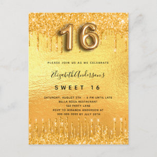 Sweet 16 Party Gold Glitzer Tropfen Glasur Einladungspostkarte