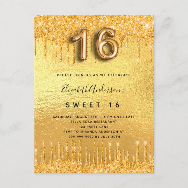 Sweet 16 Party Gold Glitzer Tropfen Glasur Einladungspostkarte (Vorderseite)
