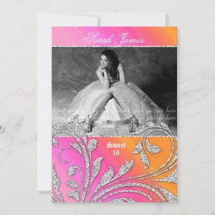 Sweet 16 Party Grad Glitzer Blätter Rosa Orange Einladung
