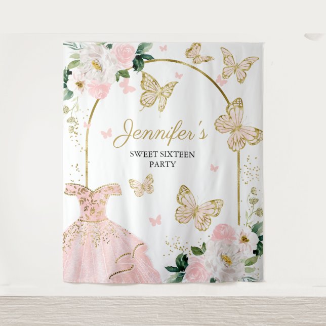 Sweet 16 Party Hintergrund - Schmetterlingsblumenk Wandteppich (Vorderseite)