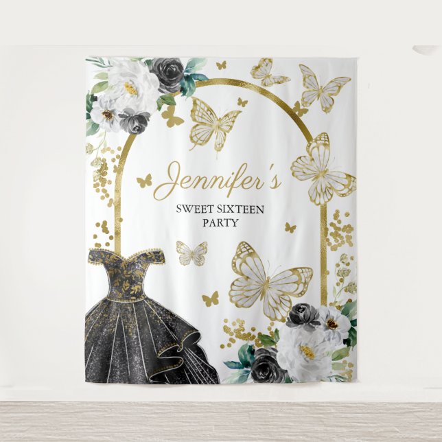 Sweet 16 Party Hintergrund - Schmetterlingsblumenk Wandteppich (Vorderseite)