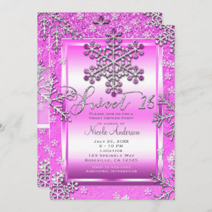 SWEET 16 Party Hot Pink Glitzer Winter Schneeflock Einladung
