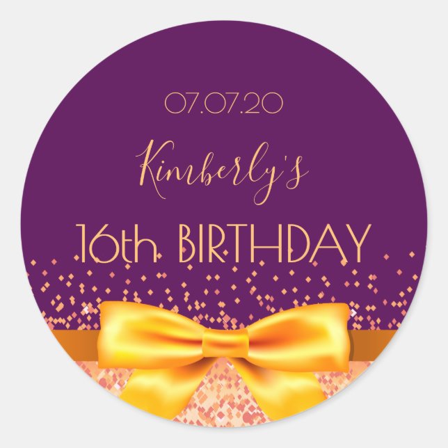Sweet 16 Party lila Goldbogen Save the Date Runder Aufkleber (Vorderseite)