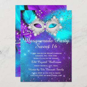 Sweet 16 Party Maske Aquamarine Lila Silbermasquer Einladung