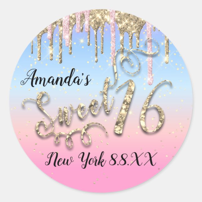 Sweet 16. Party Pink Blue Gold Confetti Tropfen Runder Aufkleber (Vorderseite)