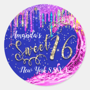 Sweet 16. Party Pink Waves Confetti Royal Blue Runder Aufkleber