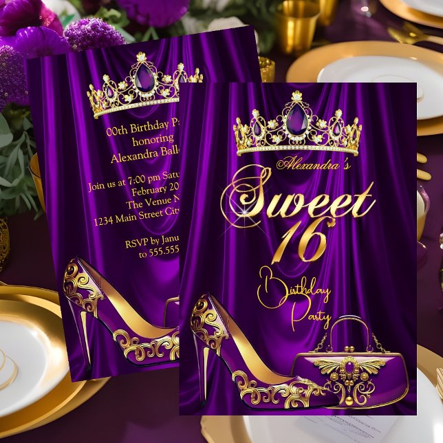 Sweet 16 Party Purple Tiara High heel Purse Gold Einladung (Von Creator hochgeladen)
