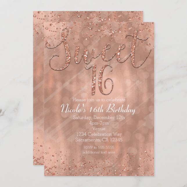 Sweet 16 Party Rosa Rose Gold Glamour Einladungen (Vorne/Hinten)