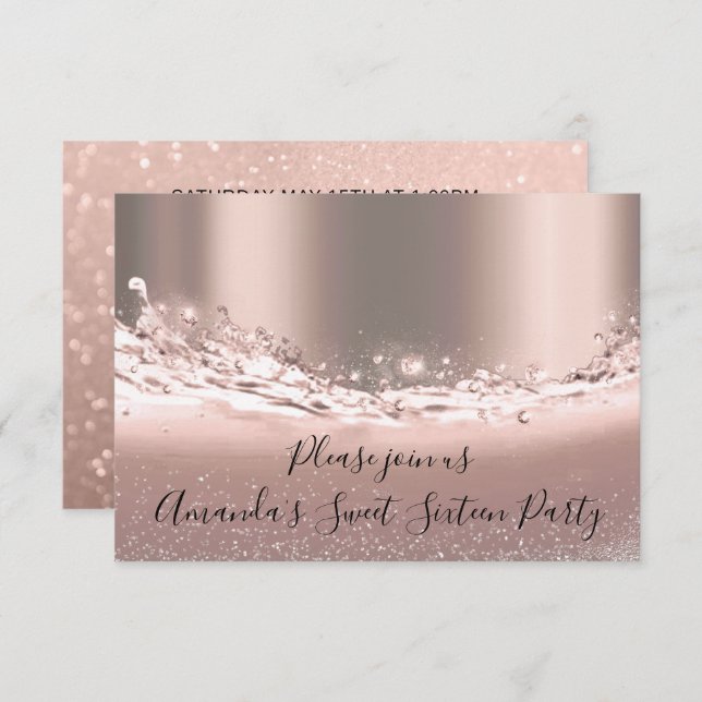 Sweet 16. Party Rose Gold Glitzer Brautparty Einladung (Vorne/Hinten)
