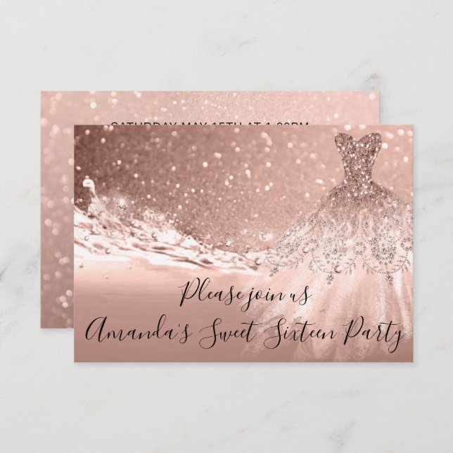Sweet 16. Party Rose Gold Glitzer Ocean Dress Einladung (Vorne/Hinten)