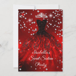 Sweet 16 Party Rotes Funkelkleid TIARA Einladung