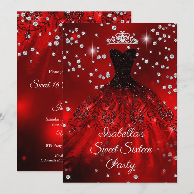Sweet 16 Party Rotes Funkelkleid TIARA Einladung (Vorne/Hinten)