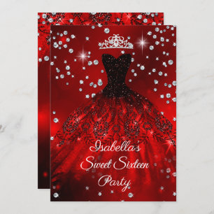 Sweet 16 Party Rotes Funkelkleid TIARA Einladung