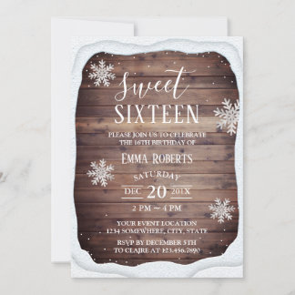 Sweet 16 Party Rustikaler Winterschneebezug Schnee Einladung