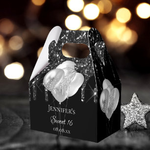Sweet 16 Party Schwarz-Silber-Glitzer-Tropfen-Ball Geschenkschachtel