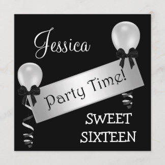 Sweet 16 Party Schwarz-weiß Silver Bows Balloons Einladung