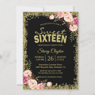 Sweet 16 Party - Schwarze Gold Glitzer Rosa Blüte Einladung