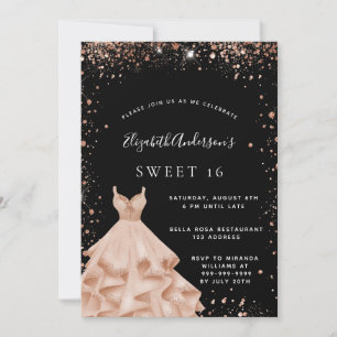 Sweet 16 Party Schwarze Rose Gold Glitzer Kleid Einladung