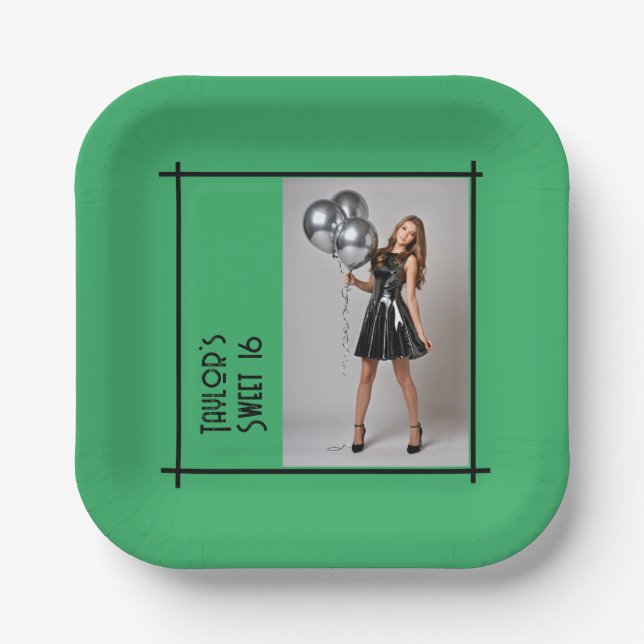 Sweet 16 Party Serviette lila grünes schwarzes Fot Pappteller (Vorderseite)