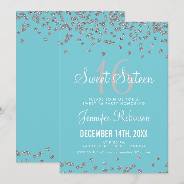 Sweet 16 Party Silver & Blue Glitzer Confetti Einladung (Vorne/Hinten)