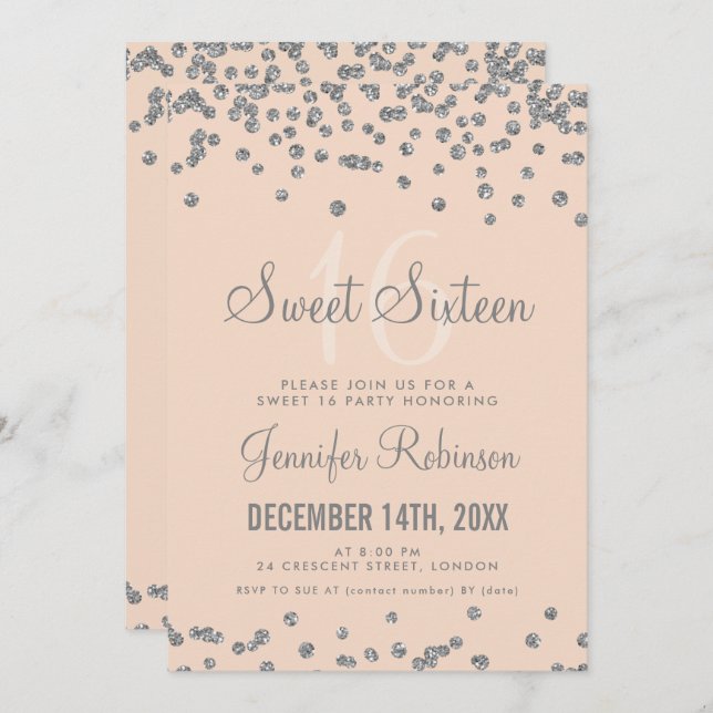 Sweet 16 Party Silver & Blush Glitzer Confetti Einladung (Vorne/Hinten)