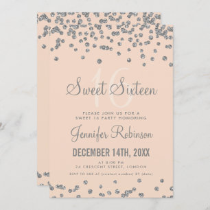Sweet 16 Party Silver & Blush Glitzer Confetti Einladung