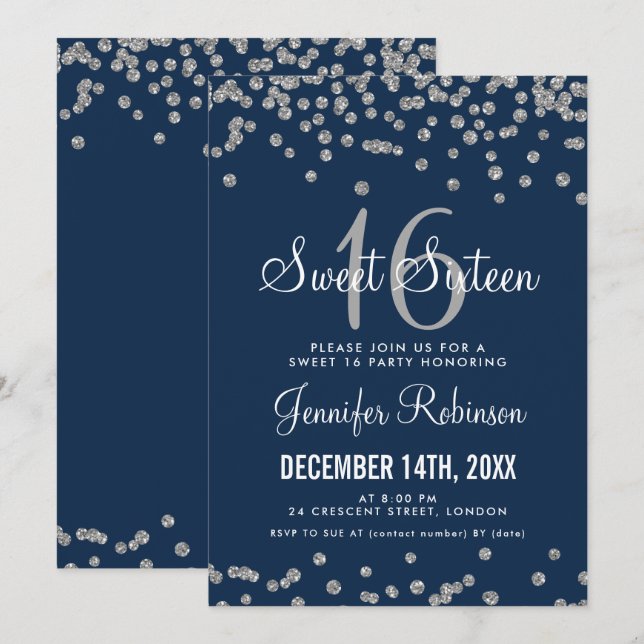 Sweet 16 Party Silver & Navy Glitzer Confetti Einladung (Vorne/Hinten)