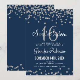 Sweet 16 Party Silver & Navy Glitzer Confetti Einladung