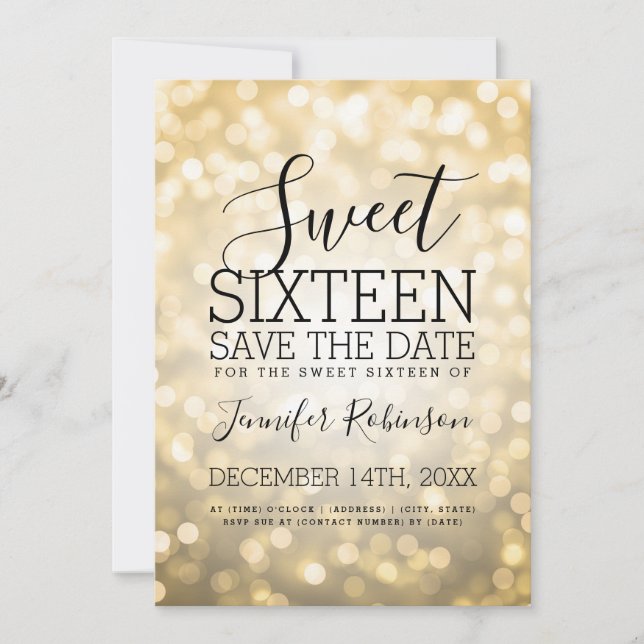 Sweet 16 Party Sparkling Gold Glitzer Lights Save The Date (Vorderseite)